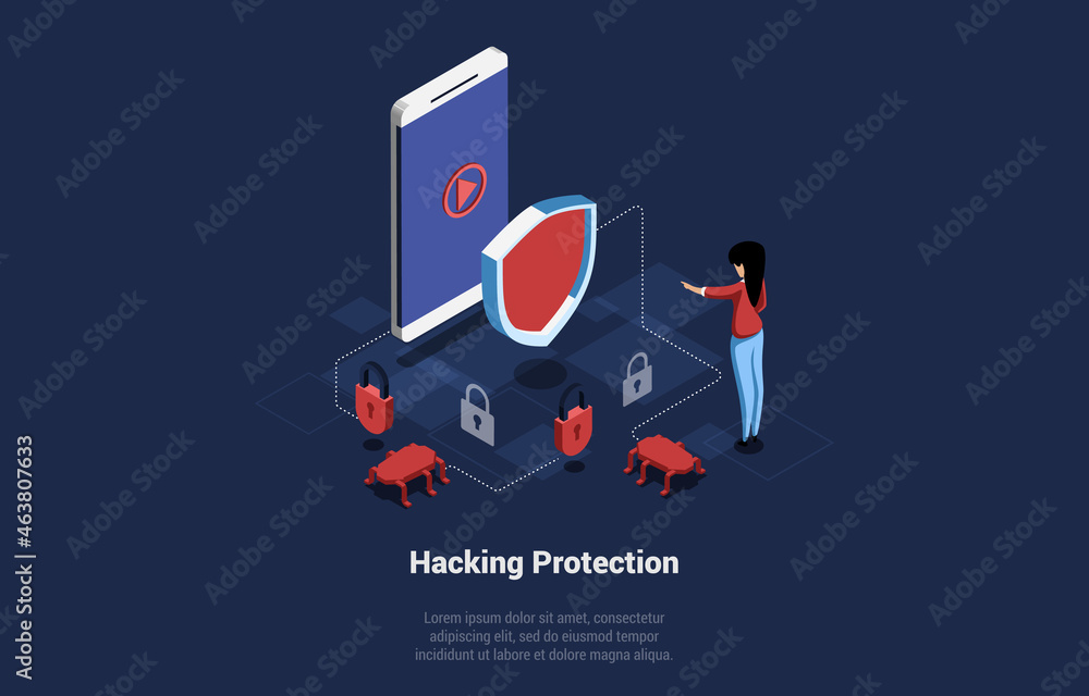 Poster isometric vector illustration with writing. conceptual composition in cartoon 3d style. hacking prot