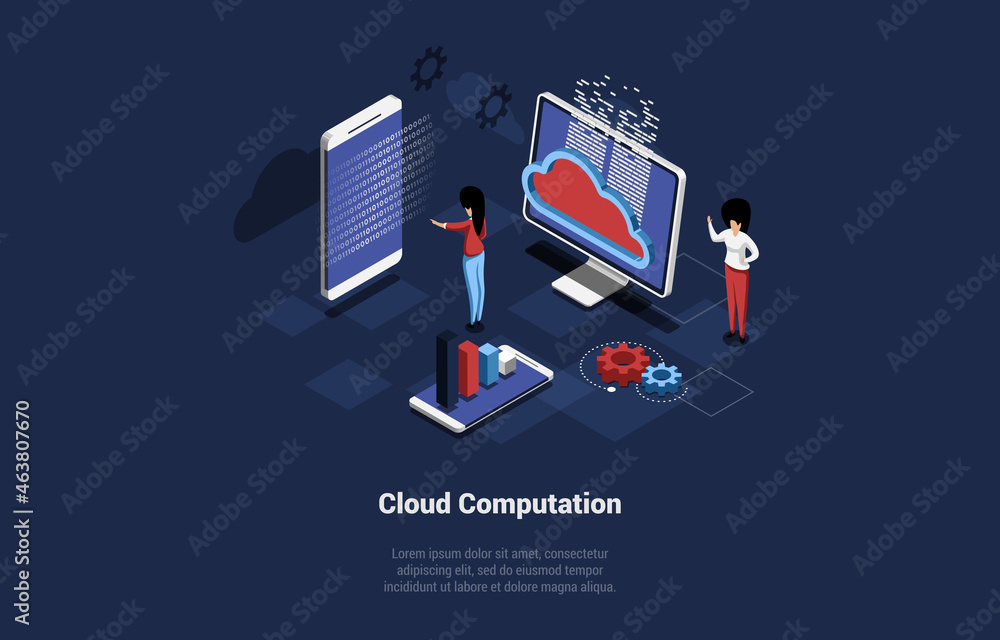 Poster isometric vector illustration with writing. conceptual composition in cartoon 3d style. cloud comput