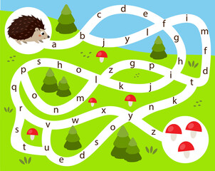 Alphabet Maze puzzle. Help hedgehog find way to mushrooms. Animals theme Activity for toddlers. educational children game - 463807634