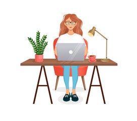 Fototapeta premium Woman sits at a table, works at home at a computer. Remote work, freelance, home office, programming, training. Vector illustration.