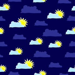 sunrise with cloudy illustration on dark blue background. hand drawn vector. seamless pattern. sun with cloud. doodle art for wallpaper, wrapping paper and gift, baby clothes, backdrop, fabric, cover