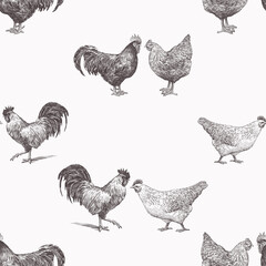 Seamless background of sketches farm roosters and hens