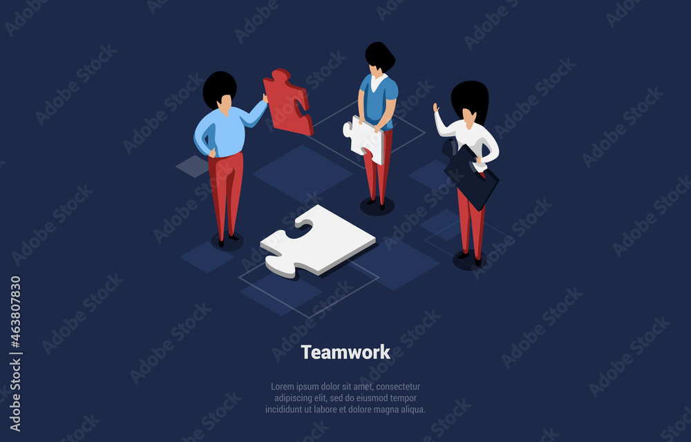 Aufkleber conceptual vector illustration with text and characters. isometric composition in cartoon 3d style. 