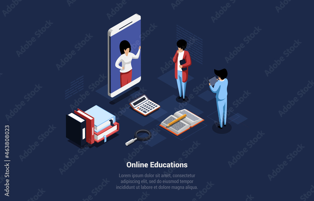 Poster online educations concept illustration on dark background with writing. isometric vector composition