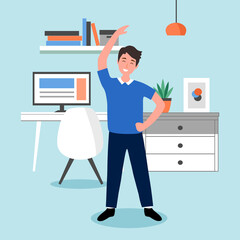 Businessman doing exercise in office concept vector illustration. Office syndrome prevention. Stretching exercise.