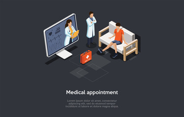 Vector Illustration, Cartoon 3D Style. Isometric Composition, Medical Appointment Conceptual Design With Writing. Online Consultation, Healthcare Internet Service. Computer Screen, Doctors And Patient