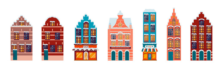 set of Dutch and Belgian houses. Vector illustration in a flat style. Fabulous Christmas houses with snow on the roof. European architecture of the 17th century