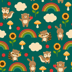 Cute woodland animals seamless pattern background.
