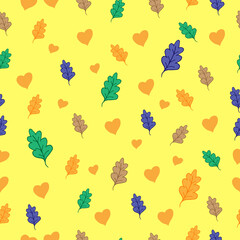 fallen leaves with heart shape illustration on yellow background. colorful leaves with orange heart. hand drawn vector, seamless pattern. doodle art for wallpaper, wrapping paper and gift, fabric. 