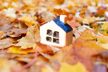 Toy miniature house stands among the fallen autumn leaves. Autumnal blurred foreground background.Hello Autumn family concept.Copy space.