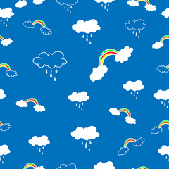 white cloud with rain and rainbow illustration on blue background. cloudscape icon. hand drawn vector, seamless pattern. doodle art for wallpaper, wrapping paper and gift, baby clothes, fabric, cover.