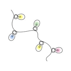Colorful glowing christmas lights. Christmas garland with bulbs. Continuous one line drawing. Vector illustration.