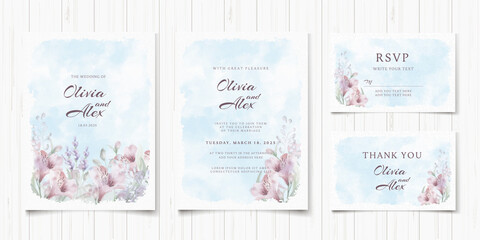 Set of pastel watercolor wedding invitation card with elegant flowers. Modern cover design template. Vintage spring floral illustration. Romantic frame background. Greeting cards