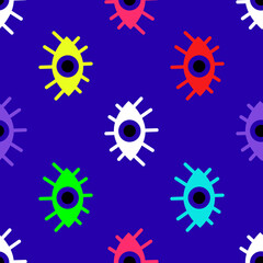 Vivid vector illustration seamless colorful pattern with multicolored eyes depicted chaotically on bright blue background
