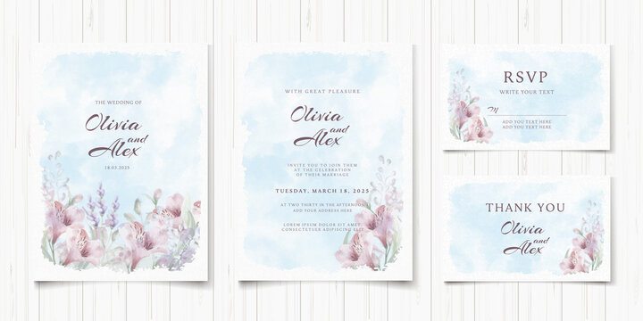 Set of pastel watercolor wedding invitation card with elegant flowers. Modern cover design template. Vintage spring floral illustration. Romantic frame background. Greeting cards