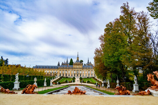 Royal Palace of La Granja de San Ildefonso. Royal Palace of La Granja de San Ildefonso,. Gardens and fountains throughout the enclosure full of flowers and colorful leaves in the fall, in Segovia.