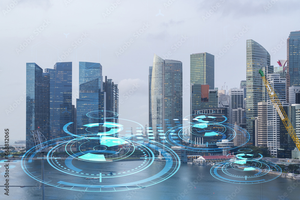 Poster technology hologram over panorama city view of singapore. the largest tech hub in asia. the concept 