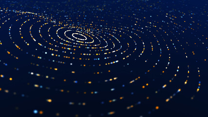 Digital technological abstract background of colored particles arranged on curved curved circles. 3d illustration