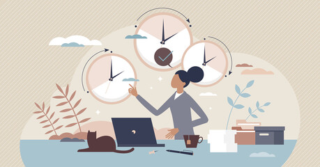 Flexible work with adjustable scheduled working hours tiny person concept. Time management based on personal choice to be effective and productive vector illustration. Business tasks optimization. - obrazy, fototapety, plakaty
