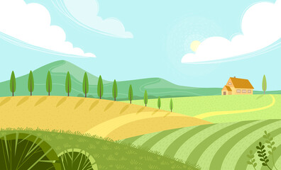 Obraz premium Rural landscape with sunny summer day in the village. Beautiful summer fields landscape with green hills, bright color blue sky and house. Country background. Green landscape with yellow fields.