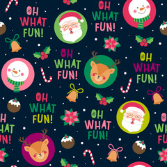 Fototapeta premium Christmas cartoon character and elements seamless pattern background.