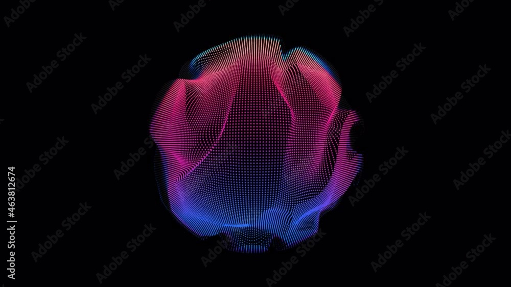 Poster looped distortion waves on abstract sphere of particles. digital data splash of spherical point arra