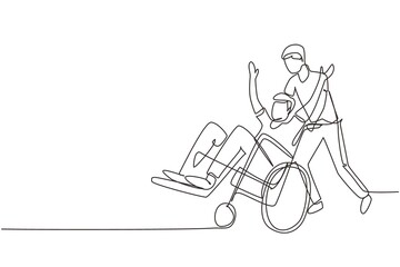 Single continuous line drawing young male volunteer helps disabled oldman, riding on wheelchair in park. Family care, volunteerism, disability care concept. One line draw design vector illustration