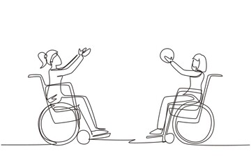 Single one line drawing joyful disabled young woman in wheelchair playing basketball. Concept of adaptive sports for disabled people. Modern continuous line draw design graphic vector illustration