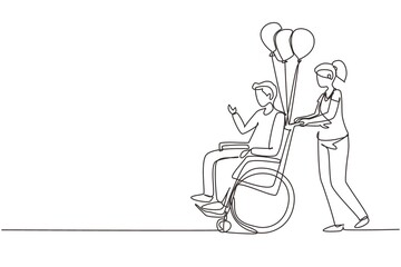 Continuous one line drawing disability people scene concept. Woman carries disabled man in wheelchair. Accessibility, rehabilitation invalid person, people activities. Single line draw design vector