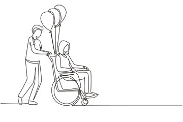 Single one line drawing disability people scene concept. Man carries disabled woman in wheelchair. Accessibility, rehabilitation invalid person, people activities. Continuous line draw design vector