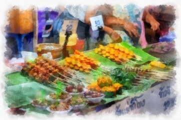 Night market in Thailand watercolor style illustration impressionist painting.