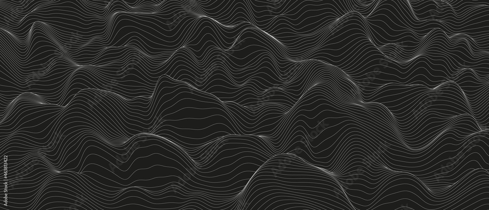 Poster monochrome sound line waves abstract background . distorted line shapes on a black background.