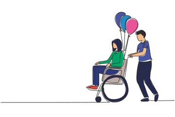Single one line drawing disability people scene concept. Man carries disabled woman in wheelchair. Accessibility, rehabilitation invalid person, people activities. Continuous line draw design vector