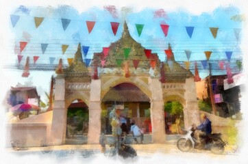 Obraz premium Ancient architecture of Thailand watercolor style illustration impressionist painting.