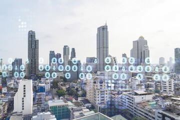 Fototapeta na wymiar Social media icons hologram over panorama city view of Bangkok, Southeast Asia. The concept of people networking, connections and career opportunities. Double exposure.