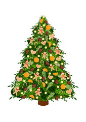Christmas tree with natural toys made of gingerbread man, gingerbread, dry orange and a garland. Vector illustration for Christmas card, banner, poster.