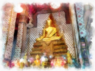 Fototapeta premium Ancient architecture of Thailand watercolor style illustration impressionist painting.