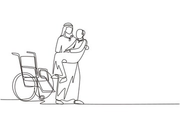 Continuous one line drawing loving Arab son took his old disabled father from wheelchair carrying him in his arms. Happy senior man in hugs of his strong child. Single line draw design vector graphic