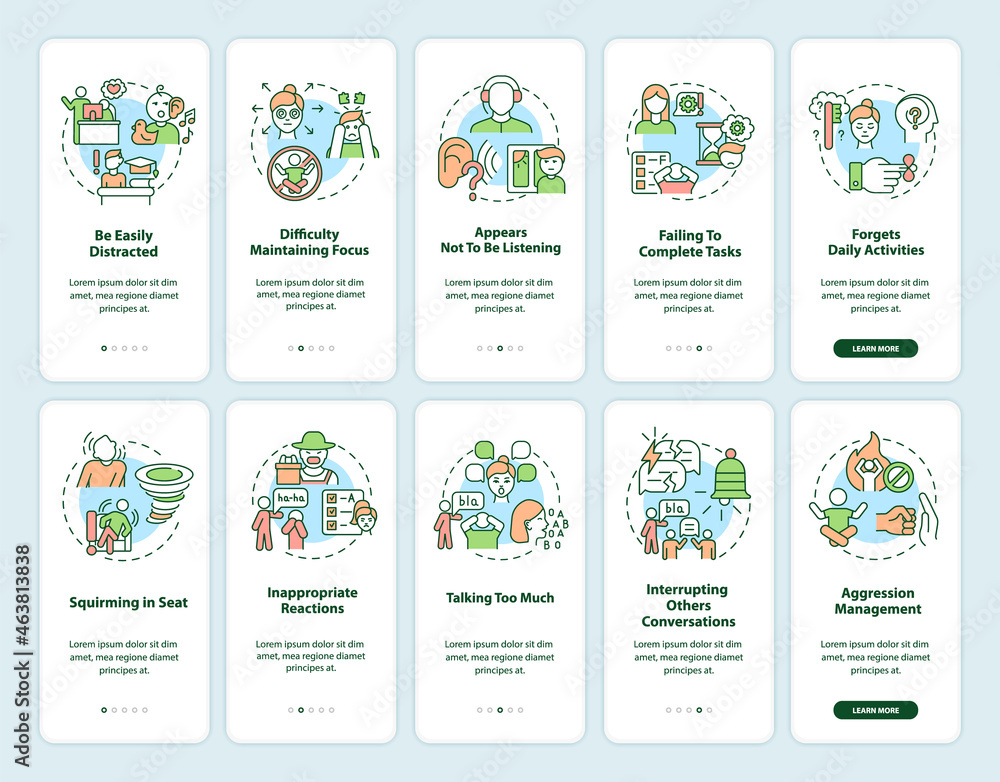 Poster adhd symptoms in adults onboarding mobile app page screen set. hyperactive kid signs walkthrough 5 s