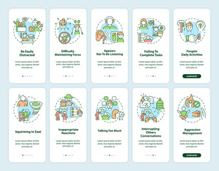 ADHD symptoms in adults onboarding mobile app page screen set. Hyperactive kid signs walkthrough 5 steps graphic instructions with concepts. UI, UX, GUI vector template with linear color illustrations - obrazy, fototapety, plakaty