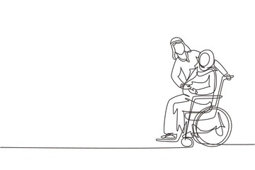 Continuous one line drawing Arabian male touching belly of disabled pregnant woman sitting on wheelchair. Happy family relations, pregnancy, loving people awaiting baby. Single line draw design vector