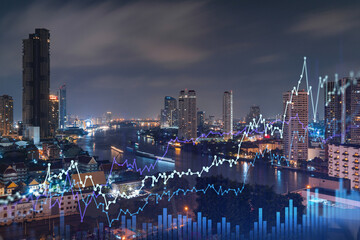 FOREX graph hologram, aerial night panoramic cityscape of Bangkok, the developed location for stock market researchers in Southeast Asia. The concept of fundamental analysis. Double exposure.