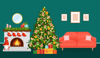 Christmas cozy home interior with fireplace, tree, gifts and sofa. Scandinavian and hygge style. Vector room illustration for postcard, banner, poster, website.