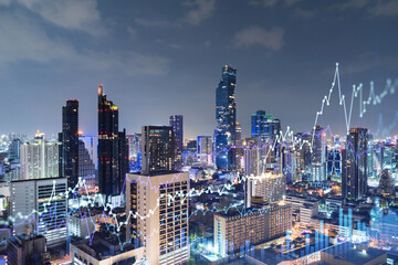 FOREX graph hologram, aerial night panoramic cityscape of Bangkok, the developed location for stock market researchers in Southeast Asia. The concept of fundamental analysis. Double exposure.