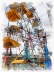 Ferris wheel watercolor style illustration impressionist painting.