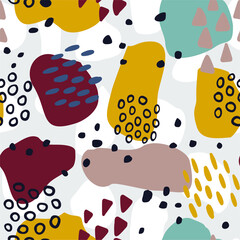 Cute vector seamless pattern with spots and dots. Trendy background and texture for printing on fabrics and paper. Abstract geometric ornament