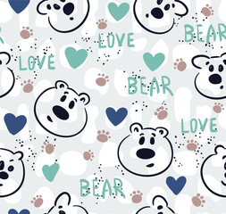 Cute vector seamless pattern with bears' muzzles. Childish background and texture for printing on fabrics and paper. Festive hand drawn illustration