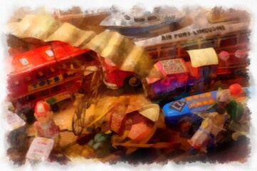 antique toys watercolor style illustration impressionist painting.