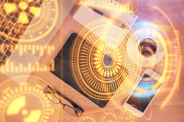 Multi exposure of technology theme drawing over table with phone. Top view. Concept of hightech.