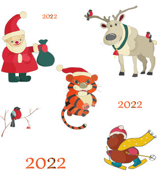 Set of vector images with a bear, snowbird, deer, tiger and Santa Clous, Christmas tree, gifts. hand-drawn .with congratulations and text , Can be used as stickers